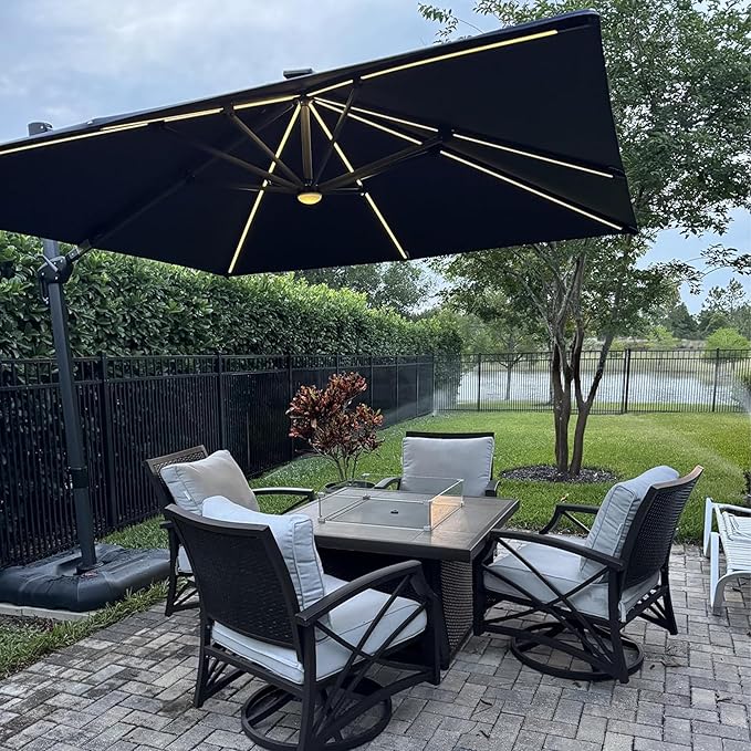PURPLE LEAF 10 Feet Patio Umbrella with Base Outdoor Cantilever Solar Powered LED Square Umbrella Aluminum Offset Umbrella with 360-degree Rotation for Garden Deck Pool Patio, Grey by PURPLELEAF