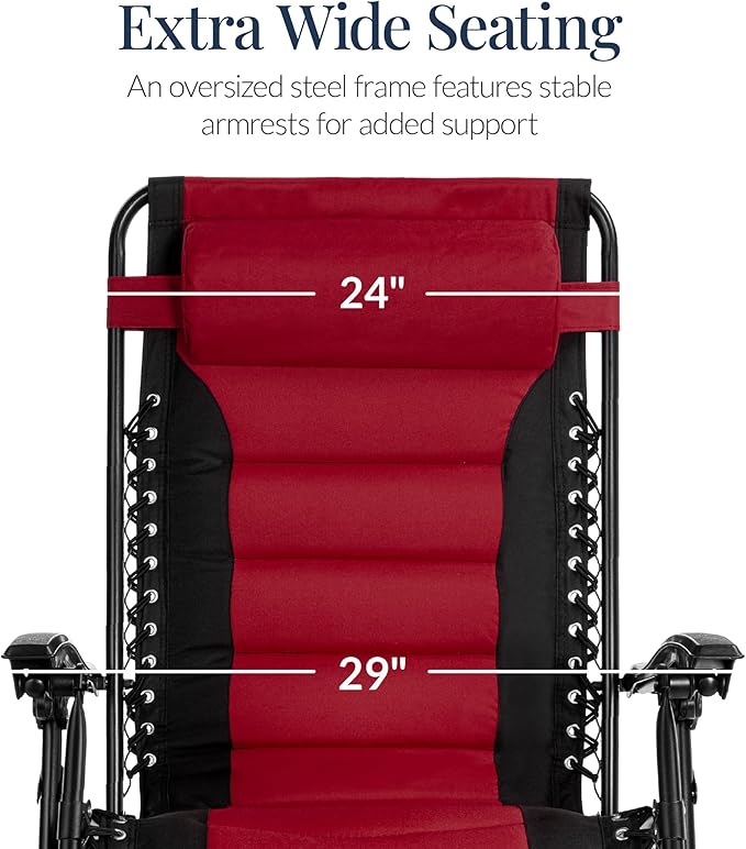 Best Choice Products Oversized Padded Zero Gravity Chair, Folding Outdoor Patio Recliner, XL Anti Gravity Lounger for Backyard w/Headrest, Cup Holder, Side Tray, Polyester Mesh - Burgundy - Image 4