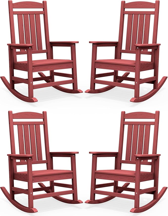 SERWALL Patio Rocking Chairs Set of 4, HDPE Outdoor Rockers for Adults, Oversized All-Weather Porch Rocking Chairs, Red by SERWALL
