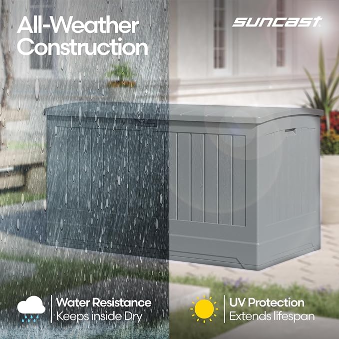 Suncast 200-gal. All-Weather Patio Deck Box, Made in the USA, with Pad-Lockable Lid, Extra-Large Outdoor Storage Unit for Patio Furniture and Grill Tools, Dove Gray Color - Image 4