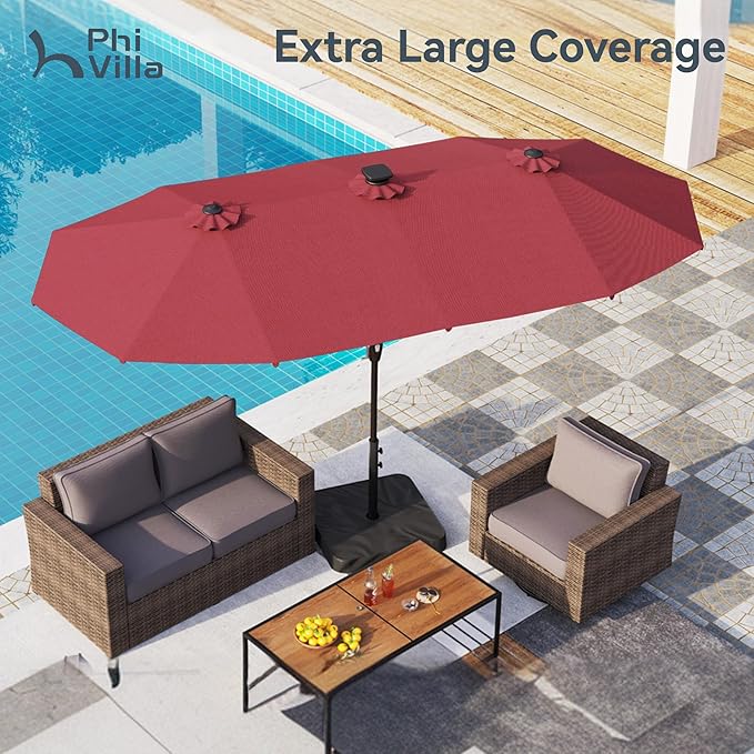 PHI VILLA 13ft Patio Umbrella with Solar-Powered 120 PCS LED Color-Changing Lights, Triple-Head Large Rectangle Umbrella Outdoor Patio for Table with Crank Lift,Dark Red(No Base) - Image 3