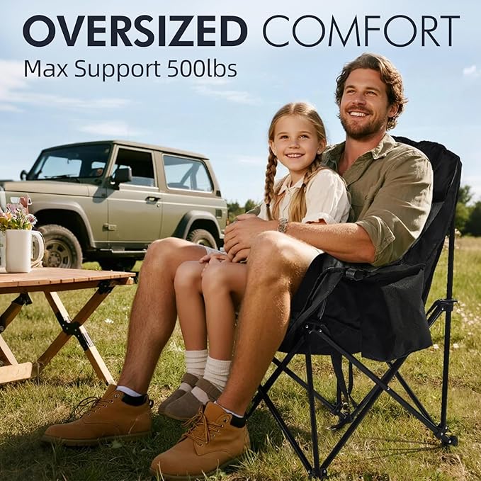 Oversized Camping Chairs for Adults - Heavy Duty Padded Outdoor Folding Lawn XL Camp Chair with Cup Holder Cooler Pockets for Outside Sports Beach Fishing Garden Portable Supports 500lbs, Black - Image 2