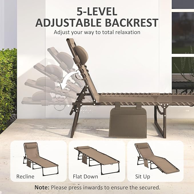 Outsunny Chaise Lounge Chair Outdoor, 5-Position Adjustable Sun Tanning Chair with Carrying Handle and Side Pocket, Folding Bed Cot with Removable Pillow for Garden, Beach, Patio, Pool, Camp, Brown - Image 4