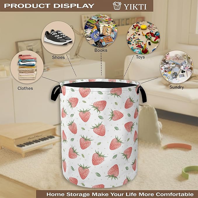 Watercolor Pink Strawberry Laundry Hamper, Waterproof Oxford Cloth Laundry Room - Image 4