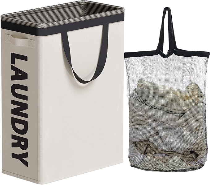 Slim Laundry Hamper with Removable Inner Bag and Side Handles, 45L Small by TECHMILLY