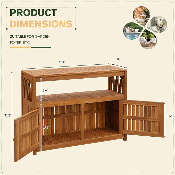 Greesum 2-Tier Outdoor Storage Cabinet in Acacia Wood, with 2 Magnetic Doors, for Garden, Picnic, Buffet, TV Stand, or Bar Table, Brown - Image 3