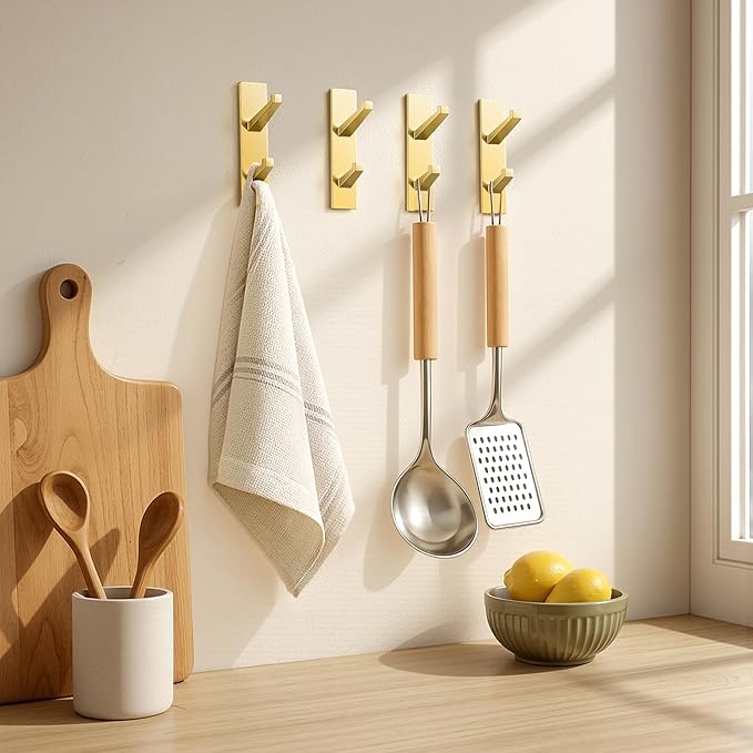 Gold Wall Hooks for Coat Towel: 13LB Adhesive Door Hanger Stick on, 4 Pack - Image 2