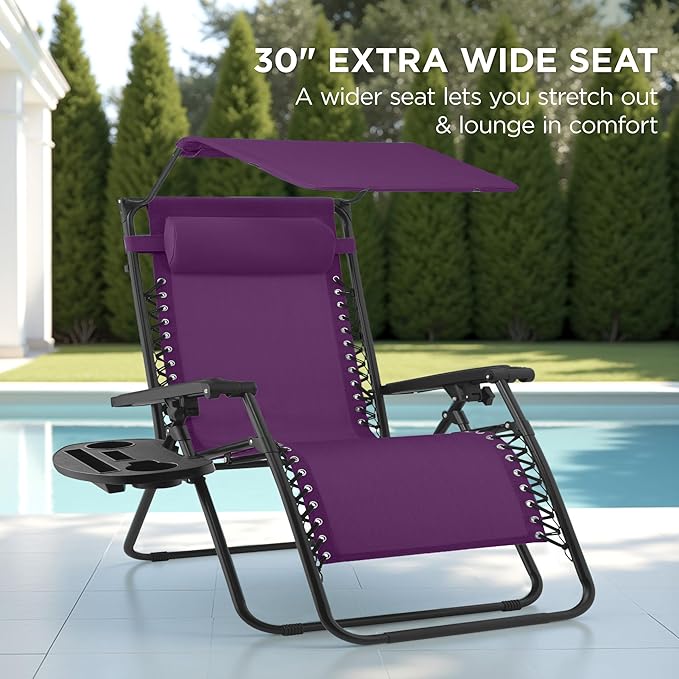 Best Choice Products 30” Wide Folding Zero Gravity Outdoor Recliner Patio Lounge Chair w/Adjustable Canopy Shade, Headrest, Side Accessory Tray - Amethyst Purple - Image 3
