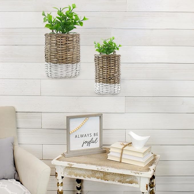 AuldHome Design Wall Hanging Baskets; Woven WIcker Rustic Farmhouse Two-Tone - Image 5