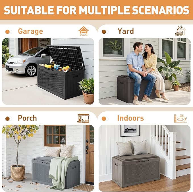 Greesum 100 Gallon Resin Deck Box Large Outdoor Storage Boxes with Cushions for Garden Tools, Patio Furniture Pillows, Pool Supplies, Dark Brown - Image 5