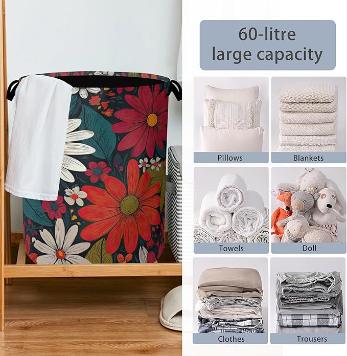Retro Red Daisy Flowers Laundry Hamper, Dirty Clothes Laundry Basket - Image 6