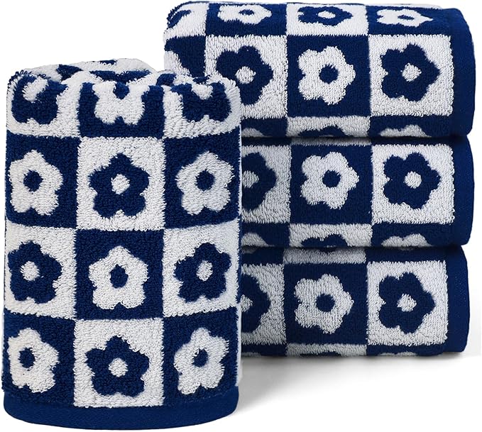 Jacquotha Cotton Hand Towels Navy Checkered Floral by Jacquotha