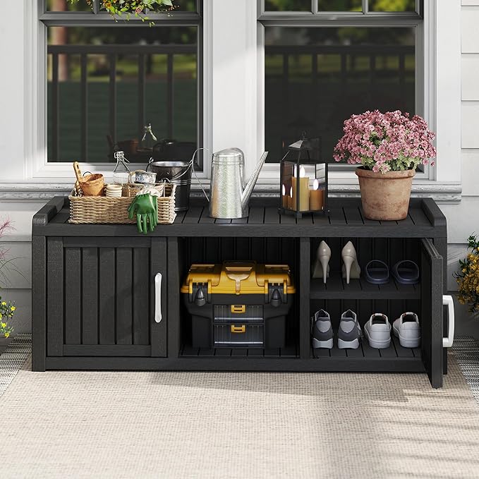 2-Tier Storage Bench, Waterproof UV-Resistant Outdoor Shoe Storage Cabinet with 2 Doors & Adjustable Shelves for Indoor Outdoor Entryway, Hallway, Living Room(Black) - Image 2