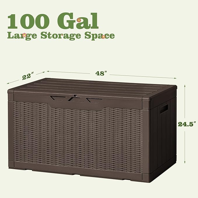 Flamaker Outdoor Storage Box 100 Gallon Waterproof Resin Deck Box Delivery with Air Rod Indoor Outdoor Lockable Storage Bench for Patio Cushions, Tools, Pool Accessories (Deep Brown) - Image 5