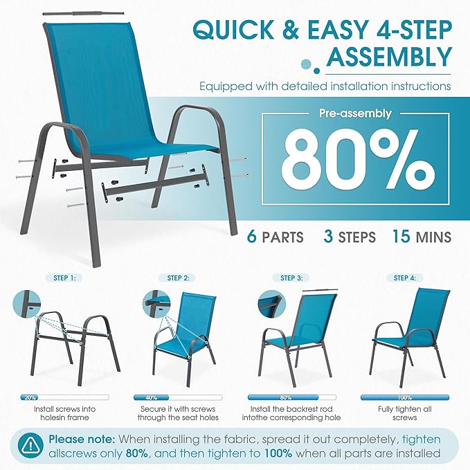 Outdoor Stackable Chairs Set of 4, Stacking Patio Chairs with Textilene Fabric, Outside Furniture for Garden Backyard Balconie Poolside Deck, Blue - Image 5