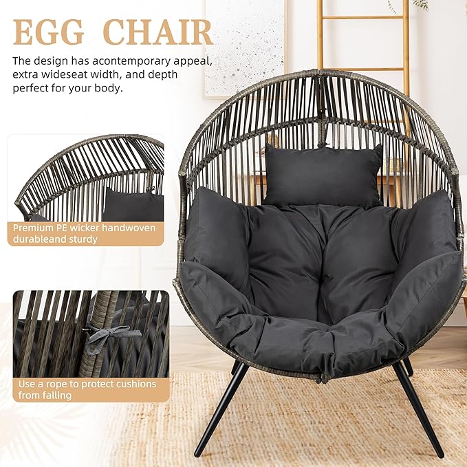 Vongrasig Wicker Egg Chair PE Rattan Chair with Cushion, Oversized Patio Lounge Chair for Outdoor, Indoor, Balcony, Backyard, Garden, Living Room, (Black/Rattan) - Image 4