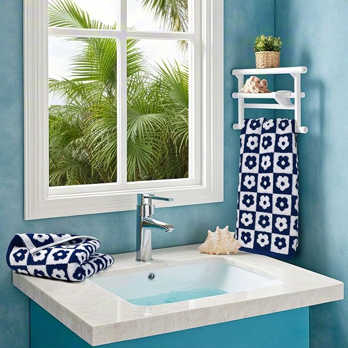 Jacquotha Cotton Hand Towels Navy Checkered Floral - Image 9
