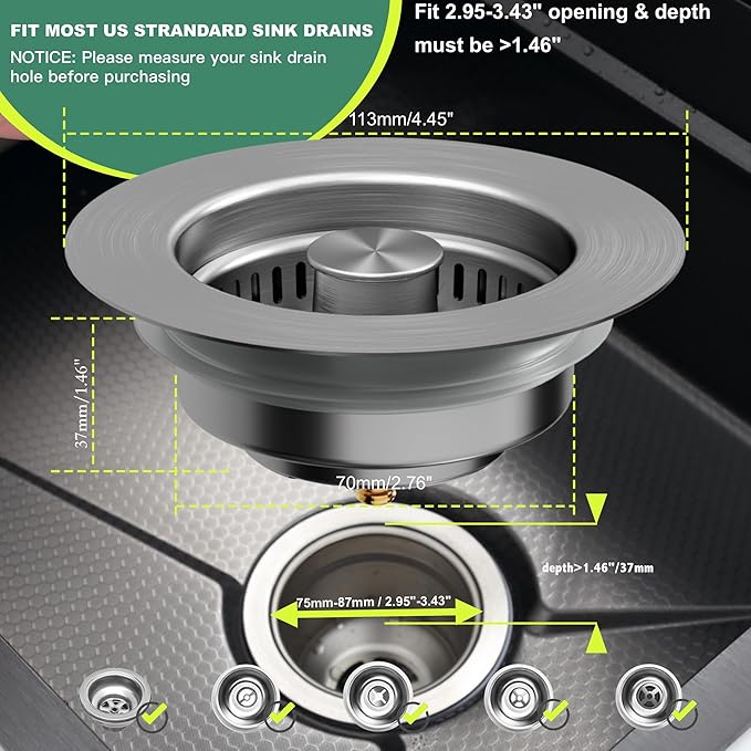 Kitchen Sink Drain Strainer 3 in 1, 304 Stainless Steel Pop Up Sink Stopper - Image 6