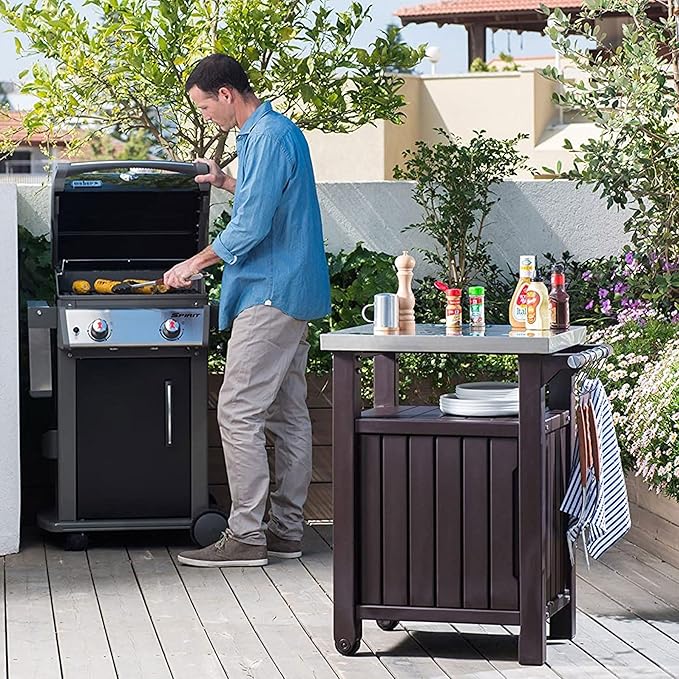Keter Outdoor Grill Prep Table & Serving Cart, Stainless Steel Top, Unity, 40 Gal, Brown - Portable Bar Table and Cooking Accessory for Pool, Patio, Lawn, and Backyard - Image 5