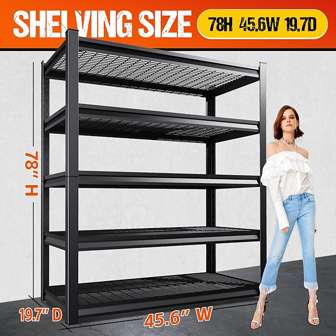 78" H Garage Shelving Heavy Duty Storage Shelves, Adjustable Metal Shelving Unit, Utility Garage Organizer Shelf for Basement, Pantry, Kitchen, Warehouse, Supermarket, 45.6" Wx19.7 Dx78 H - Image 3