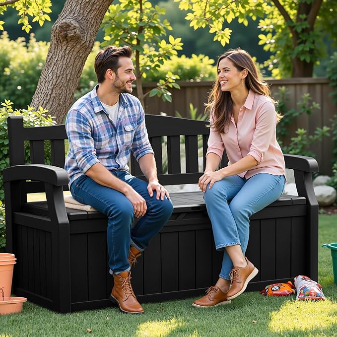Flamaker 80 Gallon Storage Bench Outdoor Indoor, Durable All-Weather Seating with Hidden Storage, Lockable Deck Box for Garden, Patio, Poolside (Black) - Image 6