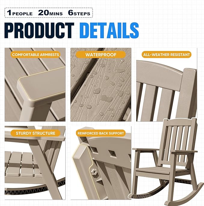 Devoko PP Material Rocking Chair Outdoor Indoor All Weather High Back Patio Rocker for Adult Heavy Duty Rocking Chair for Patio Backyard Porch Garden (Heavy Duty, Light Brown) - Image 4