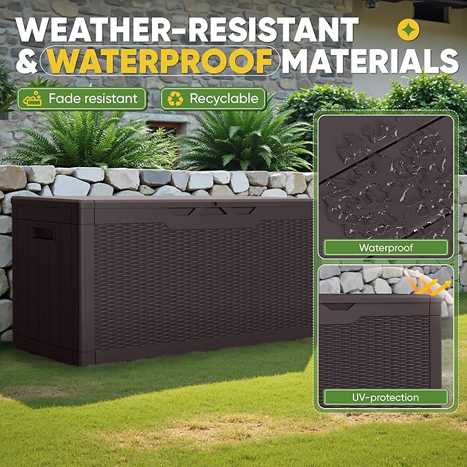 Greesum Outdoor Storage Box 100 Gallon Storage Bin with Lid for Patio Furniture, Garden Tools, Pool Supplies, Lockable, Waterproof and UV Resistant, Dark Brown - Image 5