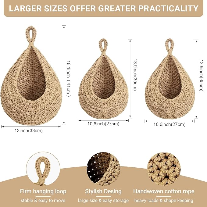 Halidali Hanging Fruit Baskets for Kitchen, 3 Pack Boho Cotton Rope Handwoven - Image 2