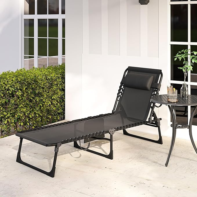 Outsunny Chaise Lounge Chair Outdoor, 5-Position Adjustable Sun Tanning Chair with Carrying Handle and Side Pocket, Folding Bed Cot with Removable Pillow for Garden, Beach, Patio, Pool, Camp, Black - Image 8