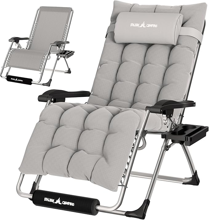 UDPATIO Oversized Zero Gravity Chair 29In XL Patio Reclining Chair with Cushion, Outdoor Folding Recliner with Pillows|Cup Holder|Foot Rest|Padded Headrest, Grey, Support 500LB by UDPATIO