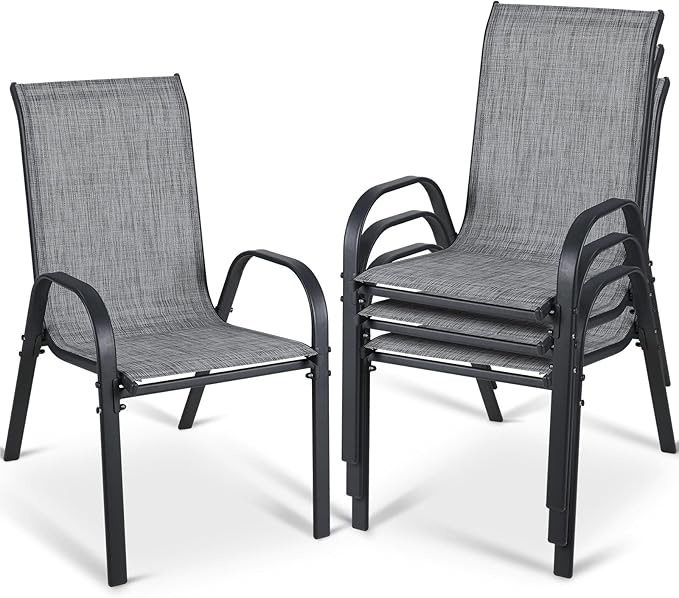 MAMIZO Patio Dining Chairs, Stackable All Weather Teslin Chair, Heavy Duty Outdoor Breathable Chairs Set, w/Armrests, Upgraded Chair FeetW/Strenthened Iron Spacers, 330 LBS (4, Grey) by MAMIZO