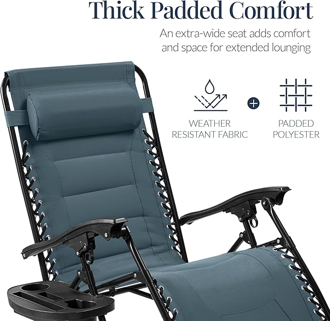 Best Choice Products Oversized Padded Zero Gravity Chair, Folding Outdoor Patio Recliner, XL Anti Gravity Lounger for Backyard w/Headrest, Cup Holder, Side Tray, Polyester Mesh - Slate Blue - Image 4