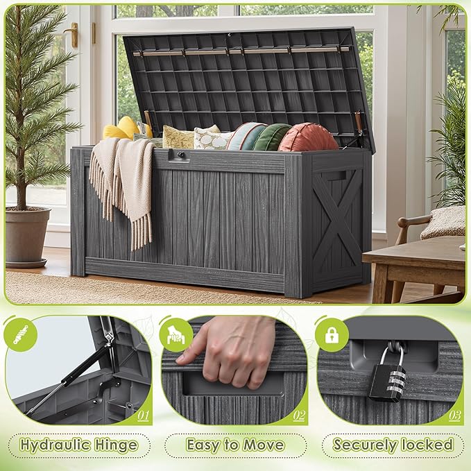 Devoko 125 Gallon Outdoor Storage Box, Waterproof Resin Deck Box for Patio Furniture, Lockable Container for Garden Cushions & Pool Supplies (Gray, 125 Gallon) - Image 3