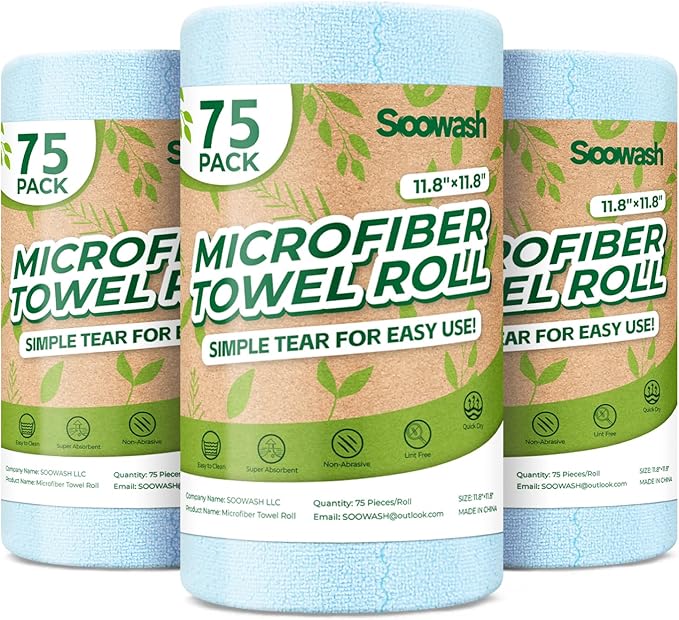 Microfiber Cleaning Cloths Roll, 225 Pack Tear Away Microfiber Towels Roll by SOOWASH