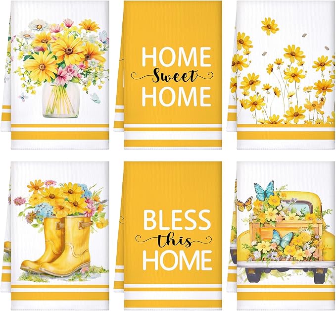 Boyiee Set of 6 Yellow Flower Kitchen Towels Decorative Floral Tea Towels by Boyiee