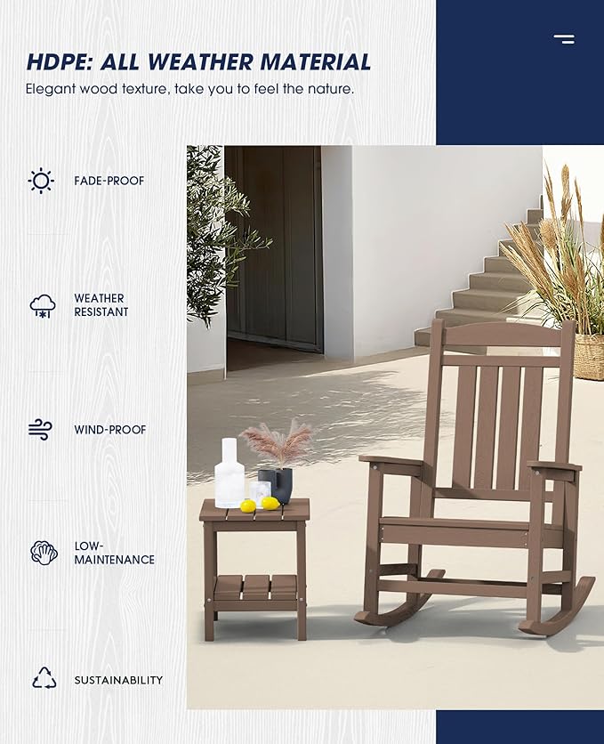 KINGYES HDPE Outdoor Rocking Chair, Widened Seat Patio Rocking Chair, Oversized All Weather Patio Rocker, Brown - Image 5