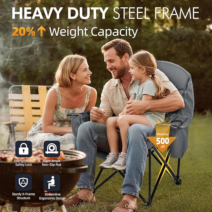 Oversized Camping Chairs for Adults - Heavy Duty Padded Outdoor Folding Lawn XL Camp Chair with Cup Holder Cooler Pockets for Outside Sports Beach Fishing Garden Portable Supports 500lbs, Grey - Image 5