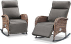 Zero Gravity Patio Rocking Wicker Recliner Chairs Set of 2- Wicker Outdoor Lounge Chair with Adjustable Backrest & Footrest, All Weather Reclining Rocker Chairs with Thick Cushion for Pool Deck Grey - Image 7