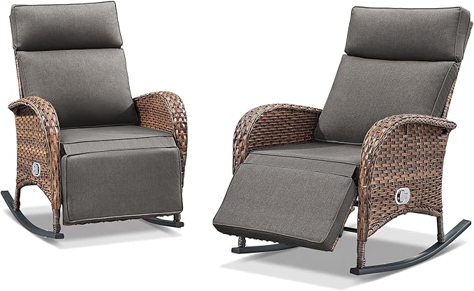 Zero Gravity Patio Rocking Wicker Recliner Chairs Set of 2- Wicker Outdoor Lounge Chair with Adjustable Backrest & Footrest, All Weather Reclining Rocker Chairs with Thick Cushion for Pool Deck Grey - Image 7