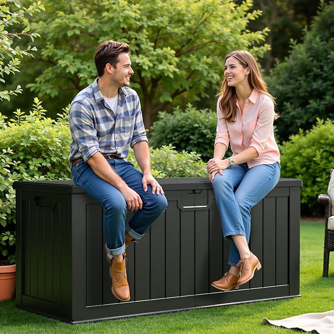 Flamaker Resin Deck Box 250 Gallon, Waterproof Imitation-Wood Lockable Storage Box with Separator Plate Outdoor Indoor, Garden, Patio Furniture for Tools&Pool Accessories (Black) - Image 2