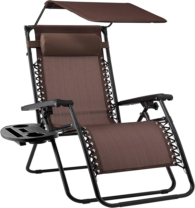 Best Choice Products Folding Zero Gravity Outdoor Recliner Patio Lounge Chair w/Adjustable Canopy Shade, Headrest, Side Accessory Tray, Textilene Mesh - Brown by BestChoiceProducts