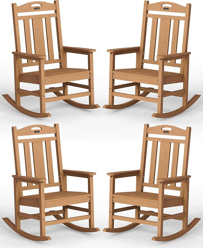 Ciokea Oversized Outdoor Rocking Chairs Set of 4, 380lbs Heavy-Duty Large Patio Rocker, High Back Cozy Porch Chairs, Weather Resistant Patio Rocking Chairs for Outside, Fire Pit, Deck, Teak by CIOKEA