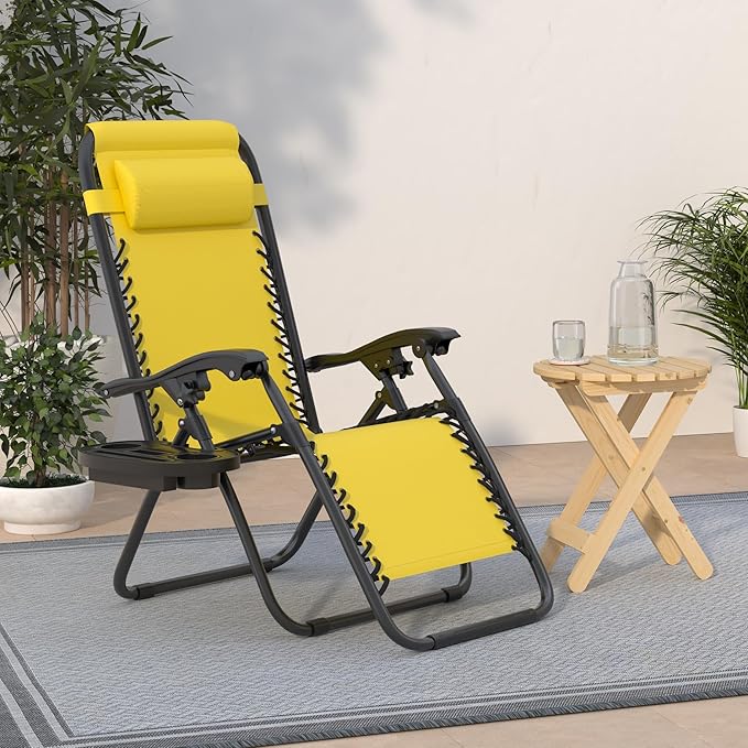 Best Choice Products Set of 2 Adjustable Steel Mesh Zero Gravity Lounge Chair Recliners w/Pillows and Cup Holder Trays - Sunflower Yellow - Image 2