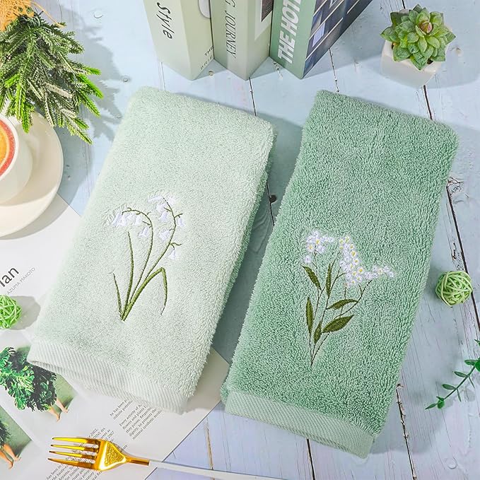 3Pcs Sage Green Hand Towels 29.5 x 13.7 Inch Gradient Green Floral Embroidered - Image 5