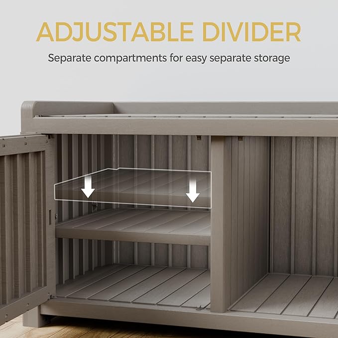Storage Bench - 2 Doors Waterproof Resin Shoe Bench with Adjustable Shelves - Indoor & Outdoor Use, Entryway Bench with Seating for Bedroom, Living Room, Hallway - Grey - Image 5