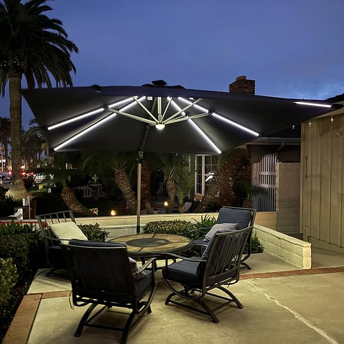 PURPLE LEAF 10 Feet Patio Umbrella with Base Outdoor Cantilever Solar Powered LED Square Umbrella Aluminum Offset Umbrella with 360-degree Rotation for Garden Deck Pool Patio, Grey - Image 9