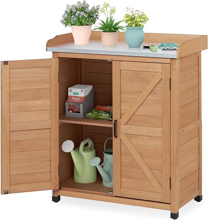 Outdoor Storage Cabinet & Potting Bench Table with Metal Top, Wooden Patio Furniture, Garden Workstation (Light Brwon, 39x31.5x17in) by OutdoorFurniture
