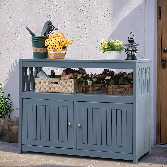 Greesum 2-Tier Outdoor Storage Cabinet in Acacia Wood, with 2 Magnetic Doors, for Garden, Picnic, Buffet, TV Stand, or Bar Table, Grey - Image 2