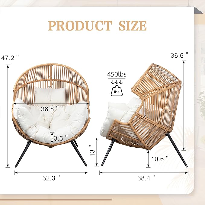 Vongrasig Wicker Egg Chair PE Rattan Chair with Cushion, Oversized Patio Lounge Chair for Outdoor, Indoor, Balcony, Backyard, Garden, Living Room, Beige - Image 2