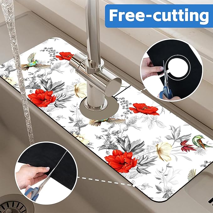Poppy Wildflower Nightingale Sink Faucet Absorbing Mat Sink Splash Guard Faucet - Image 7